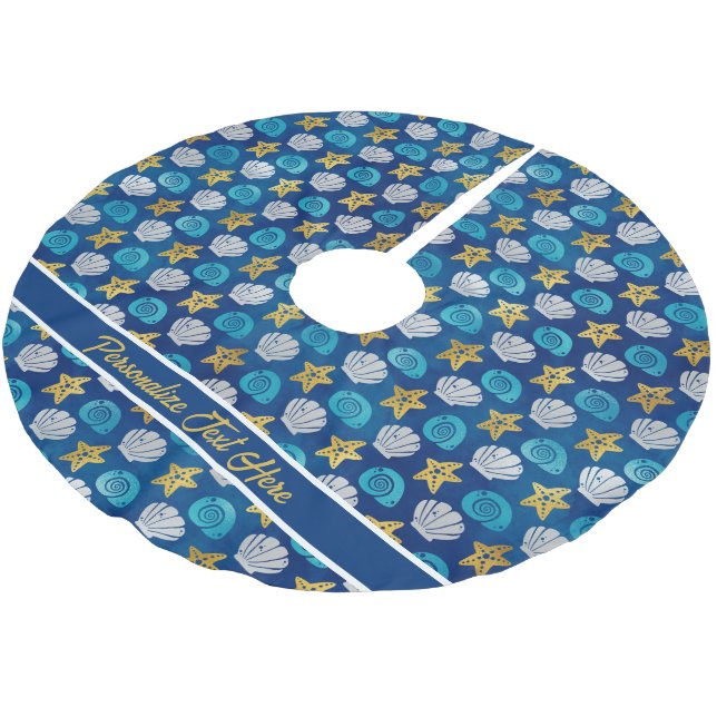 Jupon De Sapin En Polyester Brossé Ocean Beach Seashs Starfish Marine Blue Christmas (Angle)