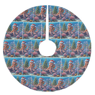 Jupon De Sapin En Polyester Brossé Octopus de Noël portant un chapeau de Père Noël