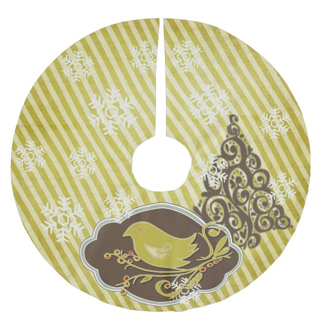 Jupon De Sapin En Polyester Brossé Oiseau sur l'olivier Stripe Jupe d'arbre de Noël (Devant)