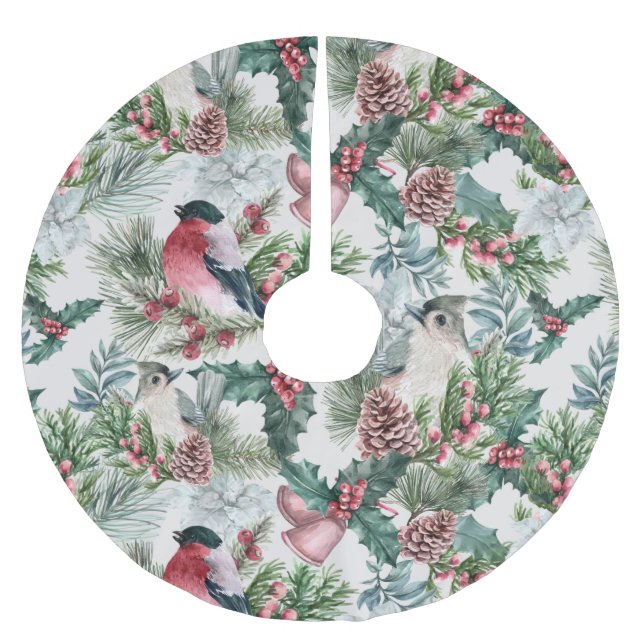 Jupon De Sapin En Polyester Brossé Oiseaux de Noël et pins floraux (Devant)