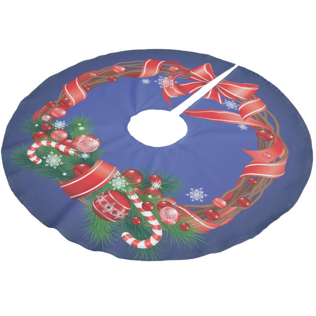 Jupon De Sapin En Polyester Brossé Ombre bleue royale avec couronne de Noël (Angle)