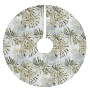 Jupon De Sapin En Polyester Brossé Or Blanc Feuilles Tropicales Vertes