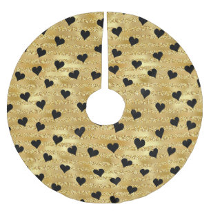 Jupon De Sapin En Polyester Brossé Or Glitter Noir Design de Coeur de Noël Romantique