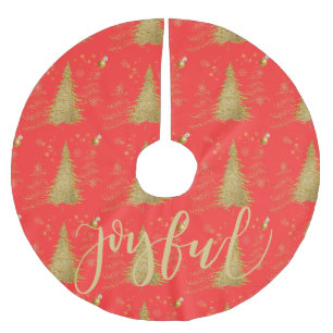 Jupon De Sapin En Polyester Brossé Or JOYEUX sur Étiquette de NoëlFête de Noël Rouge