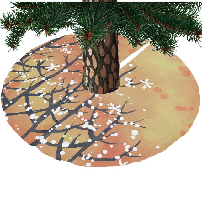 Jupon De Sapin En Polyester Brossé Orange Floral Abstrait (Burnt orange blossom and berries festive Christmas tree skirt)