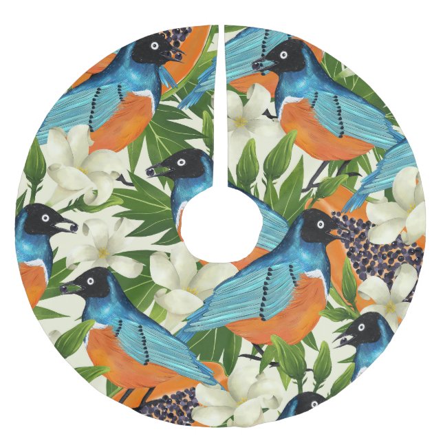 Jupon De Sapin En Polyester Brossé papaye tropicale et motif d'oiseaux. (Devant)