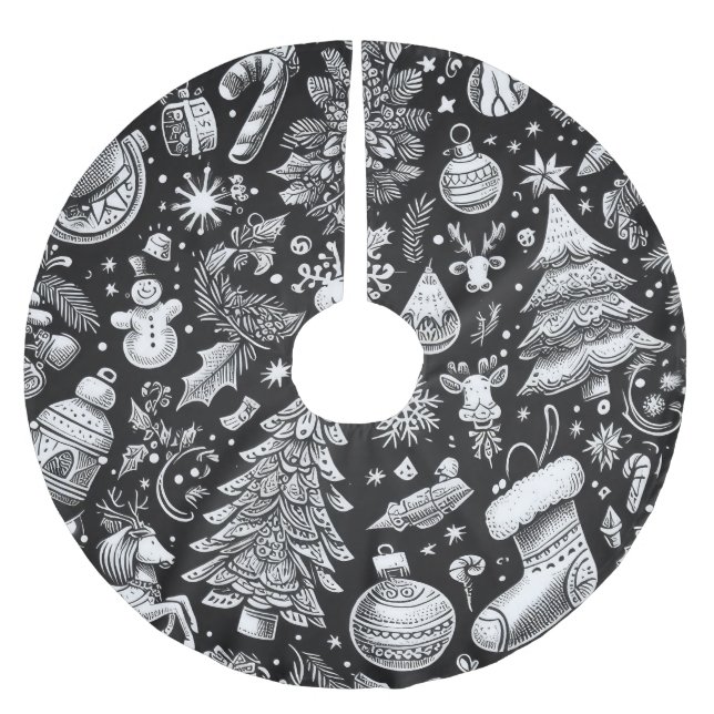Jupon De Sapin En Polyester Brossé Pâte Noir Blanc Dessin Noël Motif Vacances (Devant)