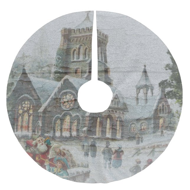 Jupon De Sapin En Polyester Brossé Père Noël ancienne avec enfants devant une église (Devant)