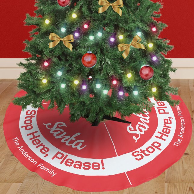 Jupon De Sapin En Polyester Brossé Père Noël Arrêtez ici Festive Rouge Personnalisé (A personalized Christmas tree skirt in bright red and white, with 'Santa Stop Here, Please!' message)