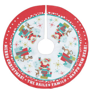 Jupon De Sapin En Polyester Brossé Personnalisable Retro Père Noël Avec Cadeaux