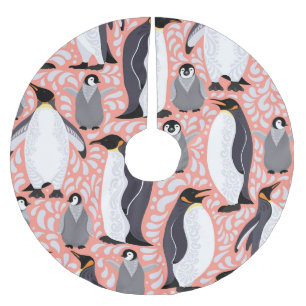 Jupon De Sapin En Polyester Brossé Pingouins empereurs, petits, motif décoratif rose.