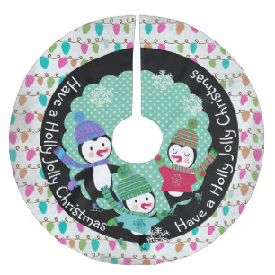 Jupon De Sapin En Polyester Brossé Pingouins Holly Jolly Jupe de Noël