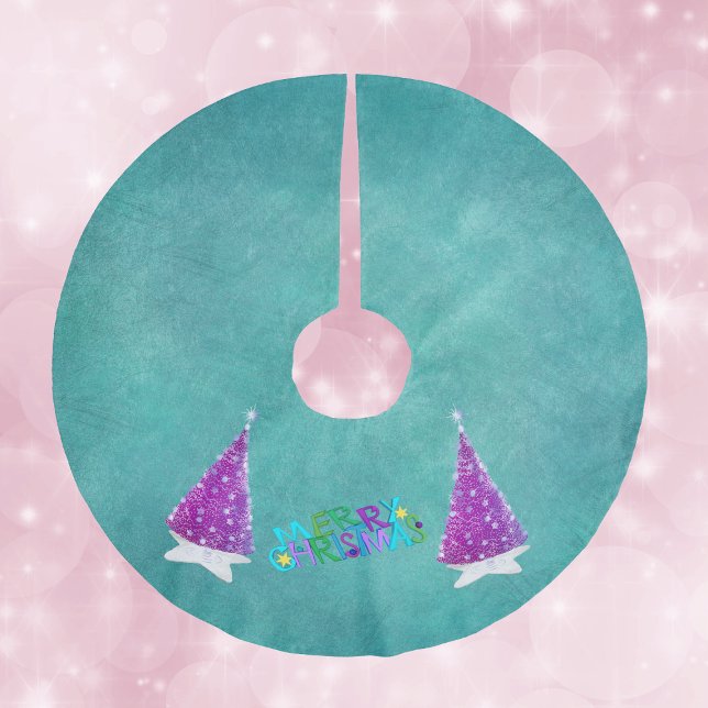 Jupon De Sapin En Polyester Brossé Pink Silver Shiny Trees Merry Christmas Colourful (Colourful Merry Christmas text pink and silver shiny trees white stars on teal Christmas tree skirt.)