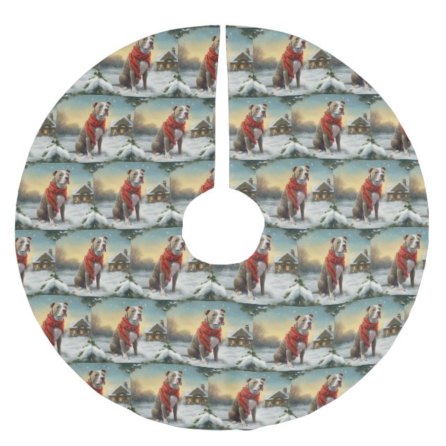 Jupon De Sapin En Polyester Brossé Pitbull Chien dans Noël de neige (Devant)