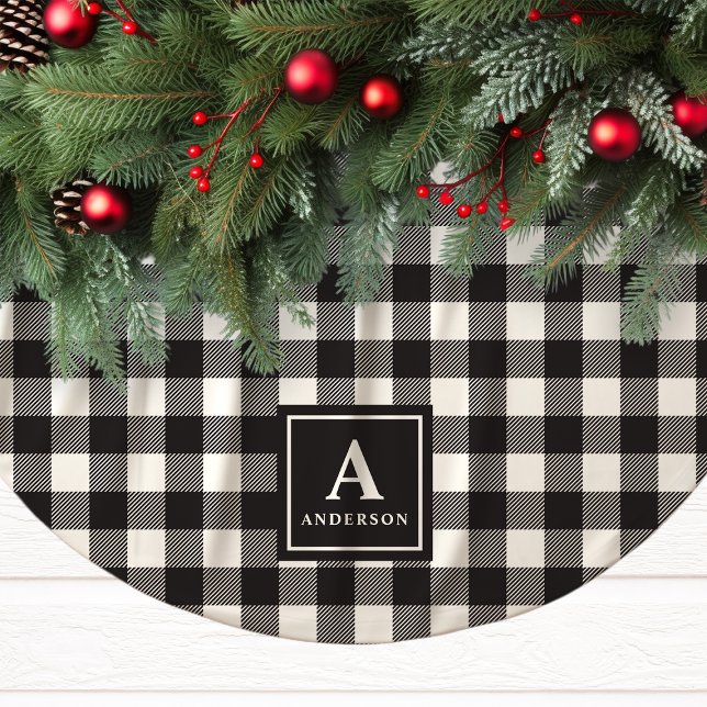 Jupon De Sapin En Polyester Brossé Plaid Buffalo Noir Et Blanc Monogramme (Créateur téléchargé)