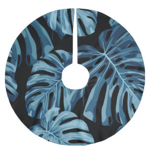 Jupon De Sapin En Polyester Brossé Plante Monstera : motif feuille bleu.