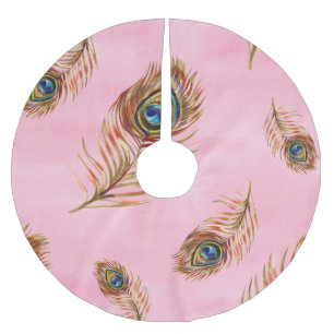 Jupon De Sapin En Polyester Brossé Plumes de paon or, motif aquarelle sans couture