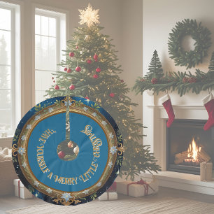 Jupon De Sapin En Polyester Brossé Poinsettia blanche sur cadre doré avec bleu