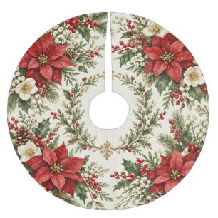 Jupon De Sapin En Polyester Brossé Poinsettia et houx de Noël vintage