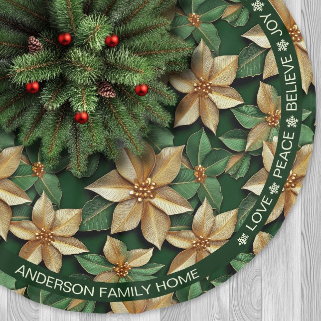 Jupon De Sapin En Polyester Brossé Poinsettia Green & Gold Festive Mots Noël (Poinsettia Green & Gold Festive Words Christmas Brushed Polyester Tree Skirt)