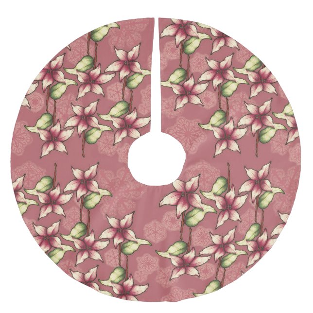 Jupon De Sapin En Polyester Brossé Poinsettias rouges et flocons de neige Noël hiver (Devant)