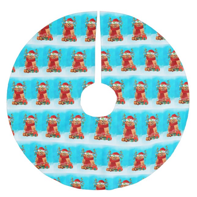 Jupon De Sapin En Polyester Brossé Poméranie dans la neige avec cadeaux de Noël (Devant)