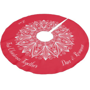 Jupon De Sapin En Polyester Brossé Premier Noël Ensemble Flèche de neige Mandala Roug