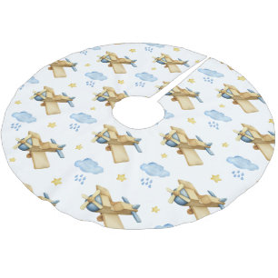 Jupon De Sapin En Polyester Brossé Première aquarelle Vintage bleue de Noël du bébé