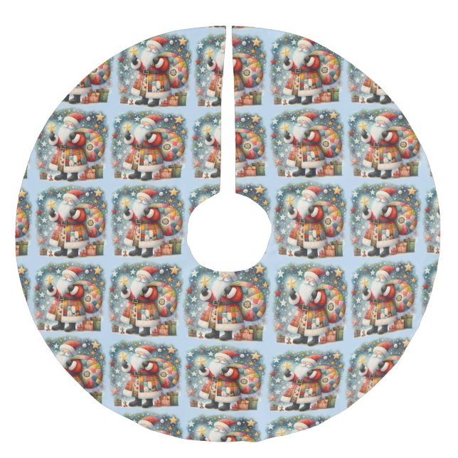 Jupon De Sapin En Polyester Brossé Quilted Patchwork Santa with Christmas Stars (Devant)