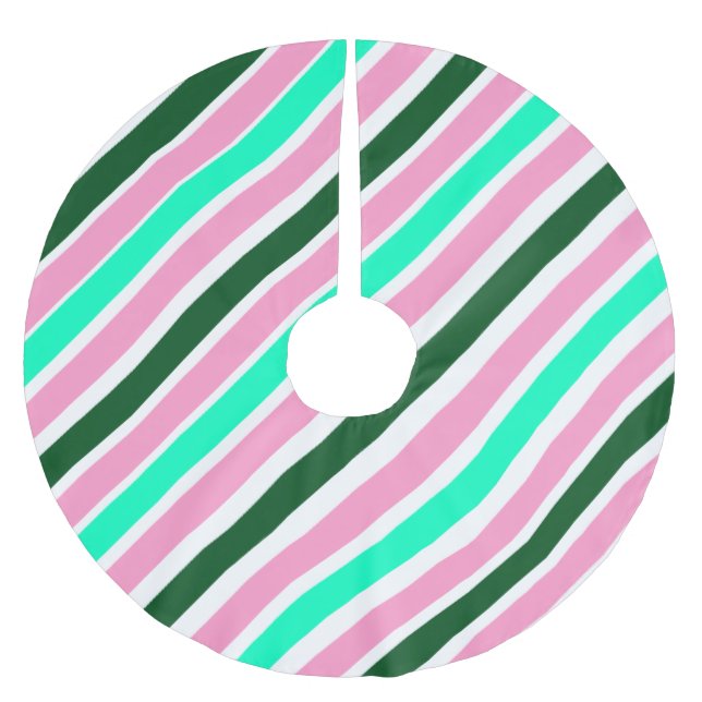Jupon De Sapin En Polyester Brossé Rayures de bonbons de Noël rose et vert  (Devant)