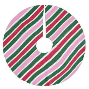 Jupon De Sapin En Polyester Brossé Rayures de canne à bonbon de Noël rose vert et rou