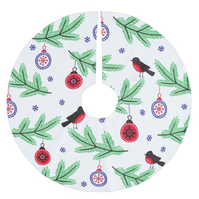 Jupon De Sapin En Polyester Brossé Red Bird on Pine Branch avec ornements (Devant)