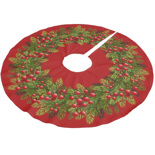 Jupon De Sapin En Polyester Brossé Red Holly Berries Pine verte Aiguilles Motif (Angle)