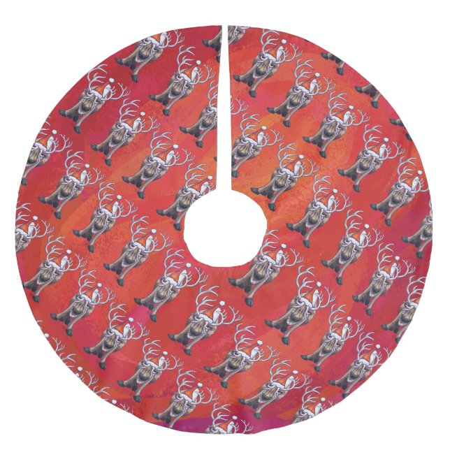 Jupon De Sapin En Polyester Brossé Reindees Noël Sur Vert (Devant)