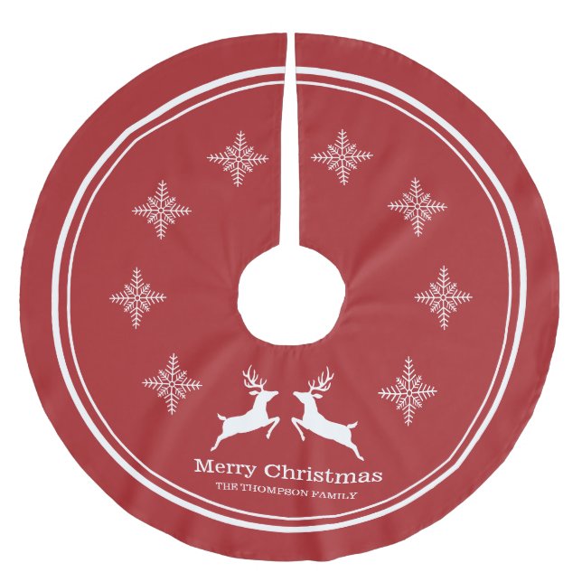 Jupon De Sapin En Polyester Brossé Rennes Rouges Et Blancs Avec Snowflakes Noël (Devant)