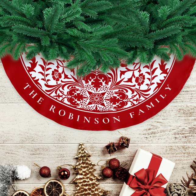 Jupon De Sapin En Polyester Brossé Retro Elegant Rouge Blanc Noël Motif Floral (Créateur téléchargé)