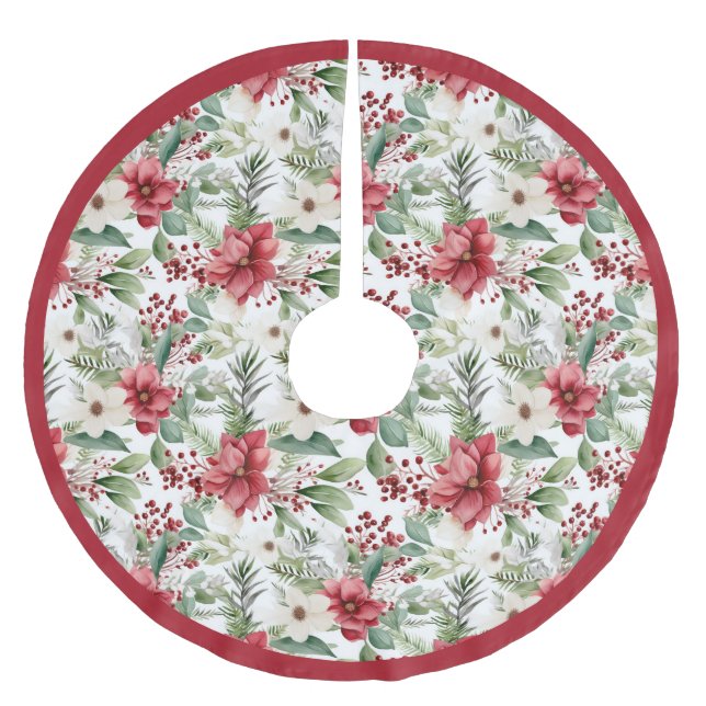 Jupon De Sapin En Polyester Brossé Rouge Blanc Poinsettia Motif Noël (Devant)
