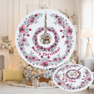 Jupon De Sapin En Polyester Brossé Rouge de Noël et floral élégant blanc