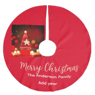 Jupon De Sapin En Polyester Brossé Rouge doré joyeux Noël ajouter nom de famille anné