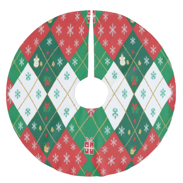 Jupon De Sapin En Polyester Brossé Rouge festif et vert argyle Noël (Devant)
