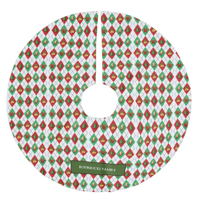 Jupon De Sapin En Polyester Brossé Rouge vert blanc noël motif nom monogramme (Devant)