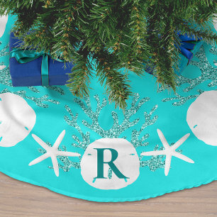Jupon De Sapin En Polyester Brossé Sable Dollar Noël Aqua Blue Monogramme