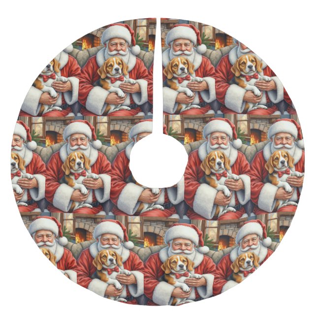 Jupon De Sapin En Polyester Brossé Santa Claus Holding Beagle Christmas Art (Devant)