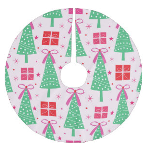 Jupon De Sapin En Polyester Brossé Sapins de Noël Prépa avec des Nœuds Roses et Boîte