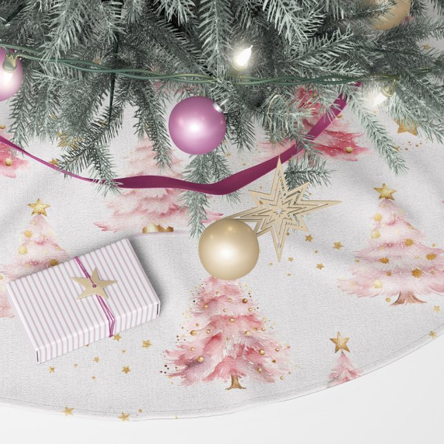 Jupon De Sapin En Polyester Brossé Sapins de Noël rose et or (Pink Christmas Tree Skirt)