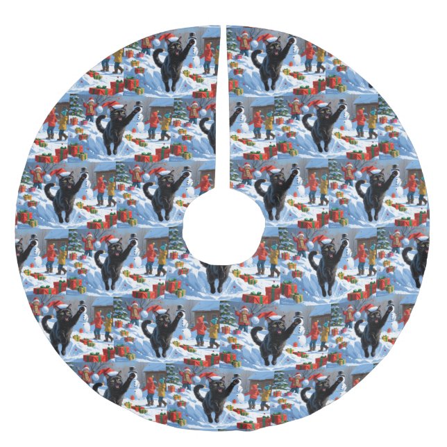 Jupon De Sapin En Polyester Brossé Scène de fête de Noël de chat noir (Devant)