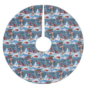 Jupon De Sapin En Polyester Brossé Scène de neige festive de Noël avec un Basenji