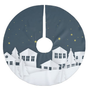 Jupon De Sapin En Polyester Brossé Scène Nocturne Thème de Noël Village Blanc