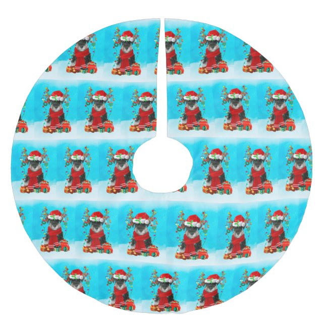 Jupon De Sapin En Polyester Brossé Schnauzer dans la neige avec cadeaux de Noël (Devant)