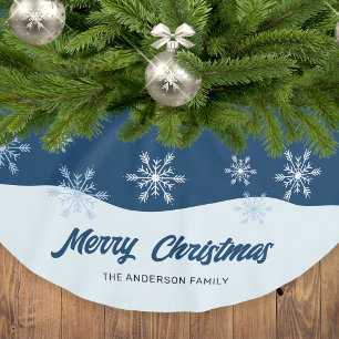 Jupon De Sapin En Polyester Brossé Script moderne Snowflakes Bleu foncé Noël
